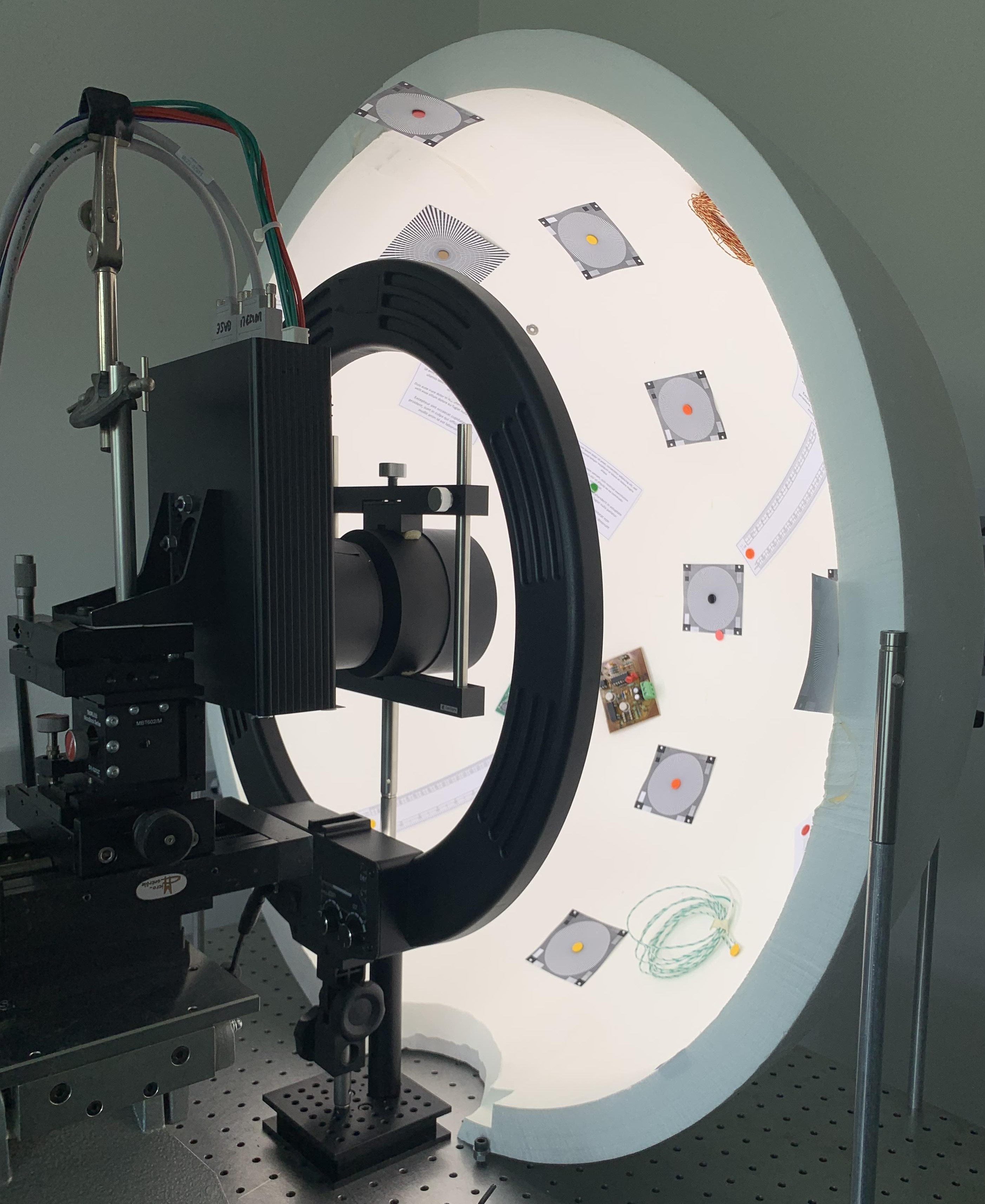 CURVE-180 fisheye optical bench — half-sphere calibration target